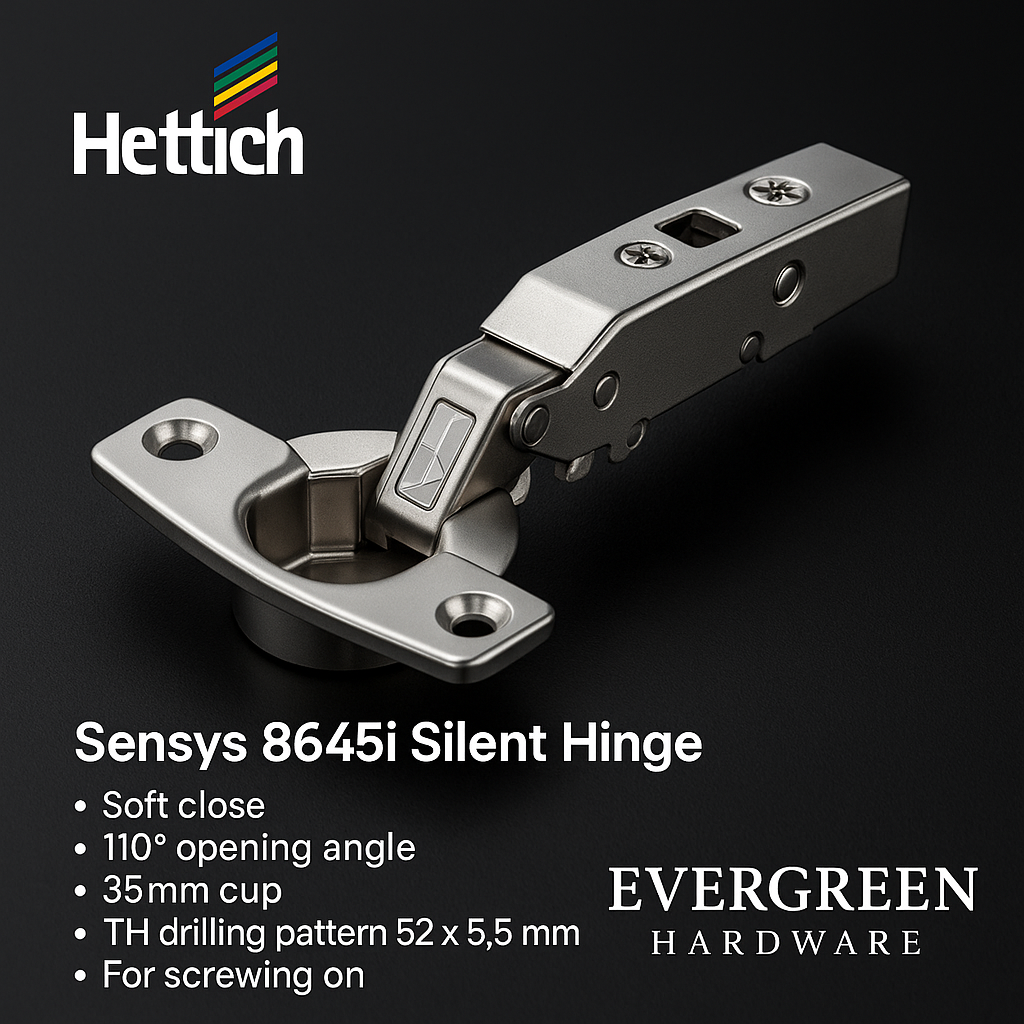 Hettich Sensys 8645i Silent Hinge With Cover Caps and Mounting Plate