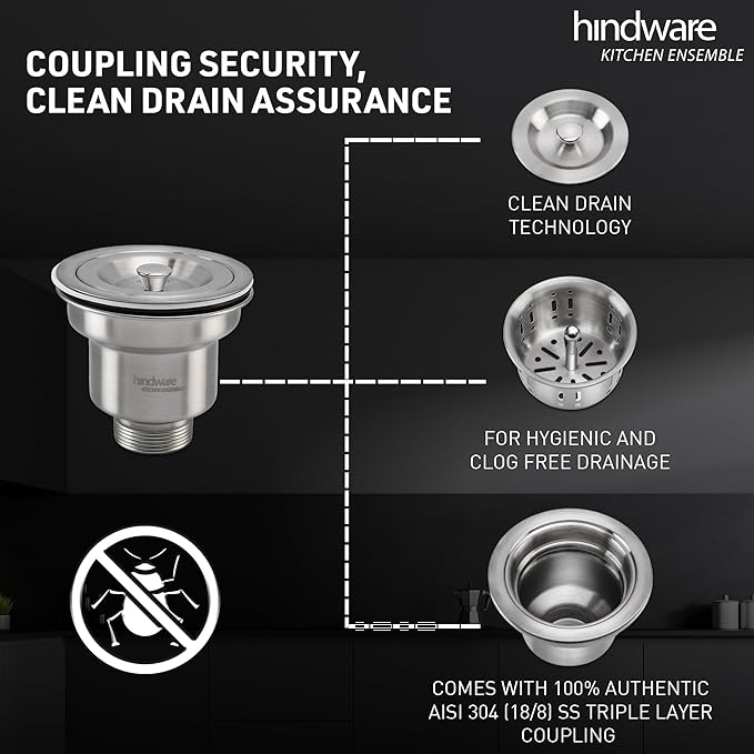 Hindware Handmade Kitchen Sink (24x18x9 Stainless Steel 304) With Waste Coupling
